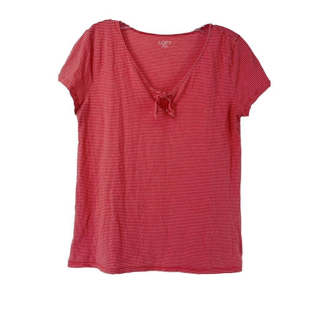 LOFT Top Red Striped Short Sleeve Keyhole V Neck Womens Size M Classic Casual